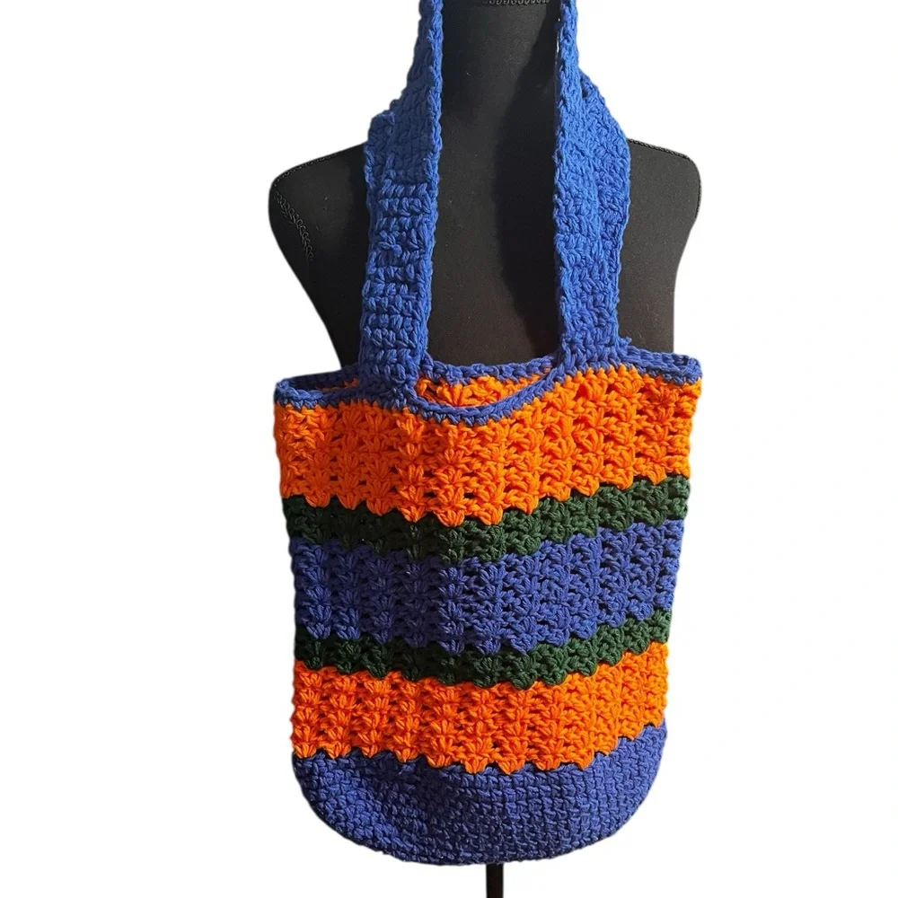 Handmade Striped Crochet Tote Bag - Blue, Orange & Green